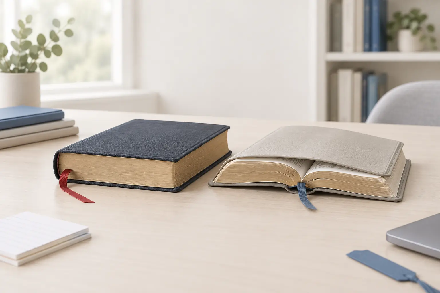 Two Bibles with gilded edges resting side by side on a pale library table, one closed with a red ribbon marker, one lying open