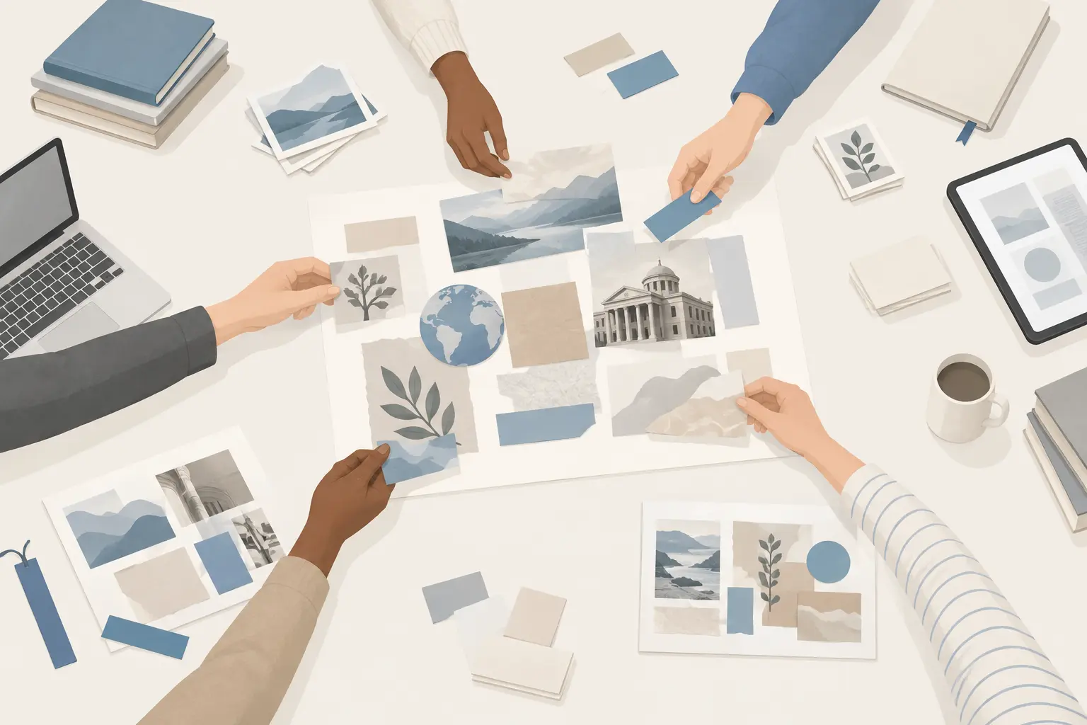 Several people's hands arranging paper pieces into a shared collage on a table, with smaller separate collages nearby