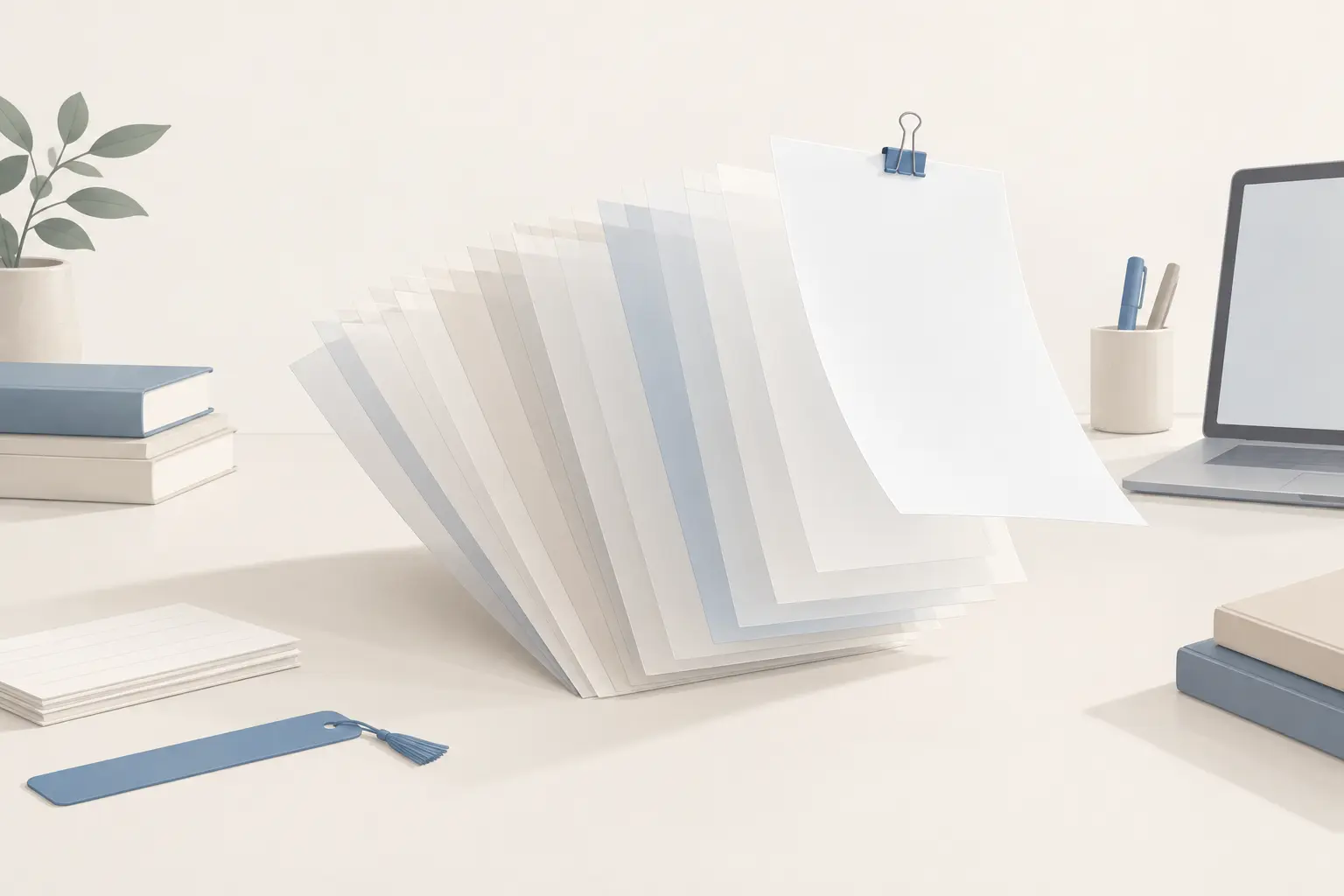 A fan of translucent paper sheets on a desk, each one a slightly different snapshot of the same page, with one sheet clipped and lifted out of the stack