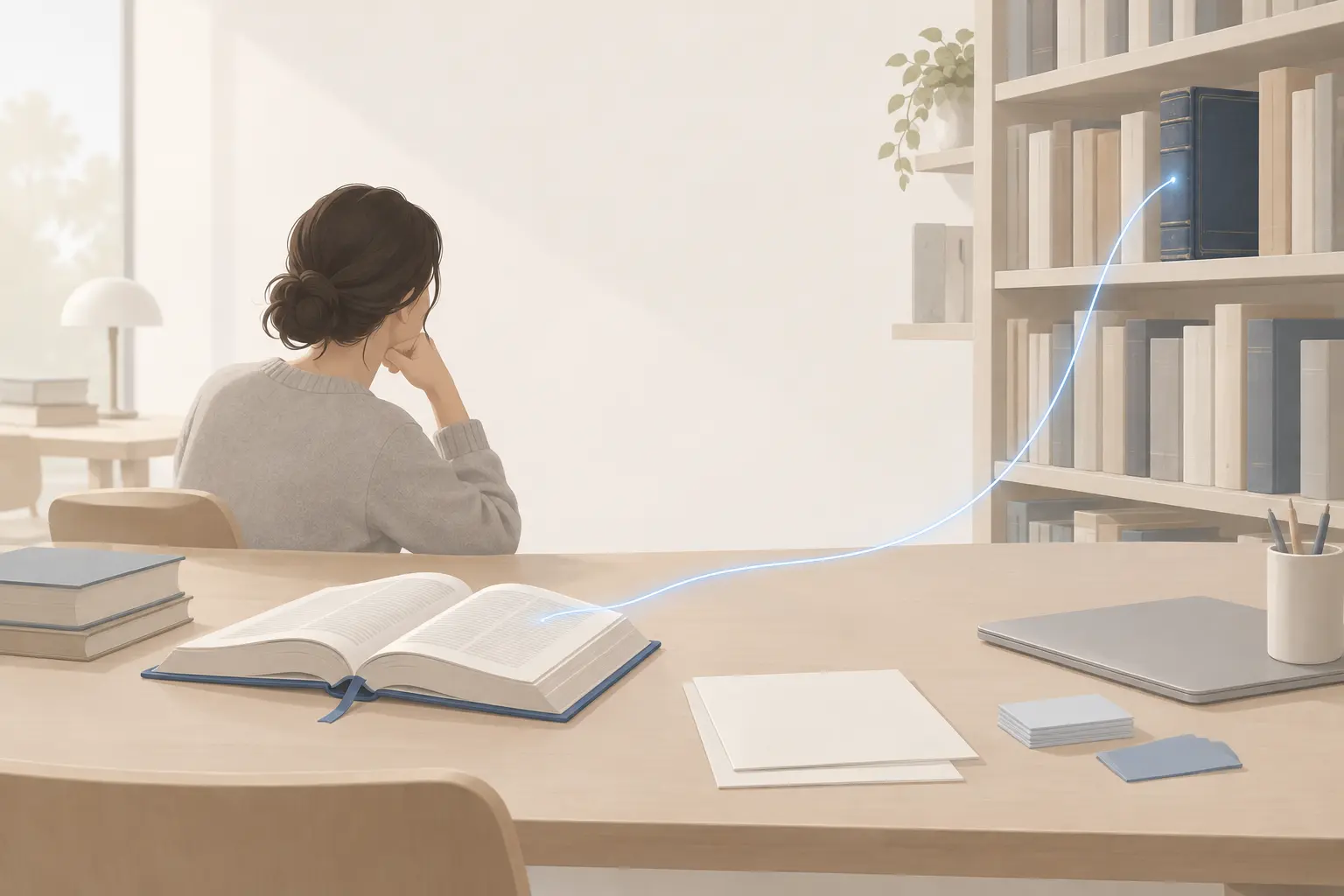 A student at a library table follows a thin glowing line from an open encyclopedia volume to a bound journal on a nearby shelf
