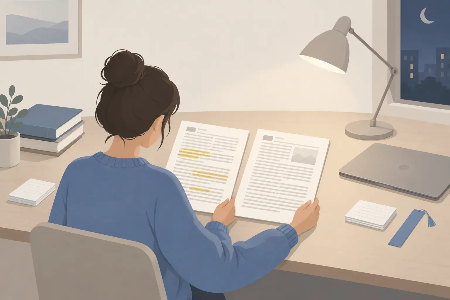 A student at a desk at night holding two printed versions of the same encyclopedia article side by side, a few paragraphs highlighted on the left page, with a desk lamp and a closed laptop beside them