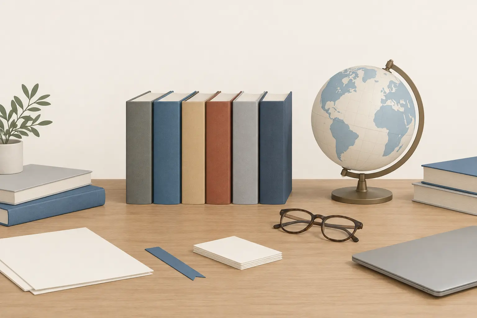 A row of six plain hardbound volumes in different colors standing on a wooden table beside a globe, a pair of reading glasses and a stack of blank cards