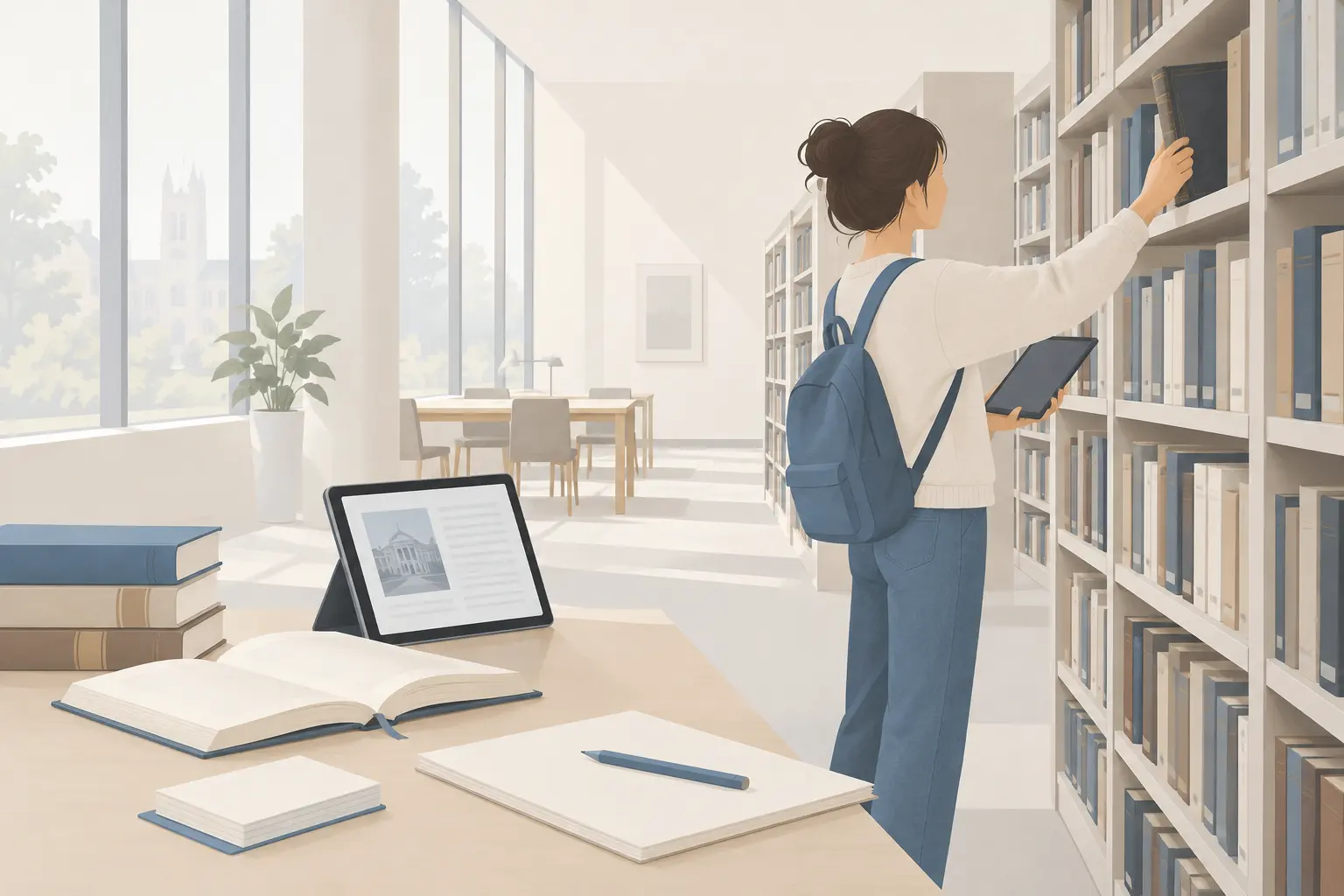 A student in a sunlit university library pulling a hardbound book off a high shelf while holding a tablet in the other hand, with open books and a notepad on a reading table nearby