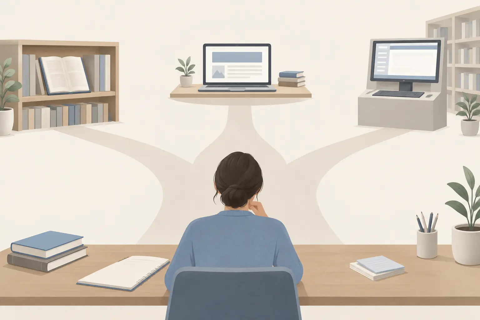 A student at a desk facing three paths that lead to a bookshelf with an open journal, a laptop showing a web page, and a library database terminal