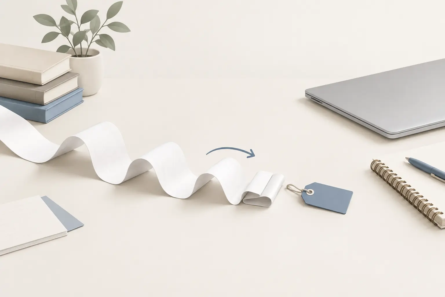 A long white paper ribbon folding down into a small blue tag on a desk beside a closed laptop and a notebook