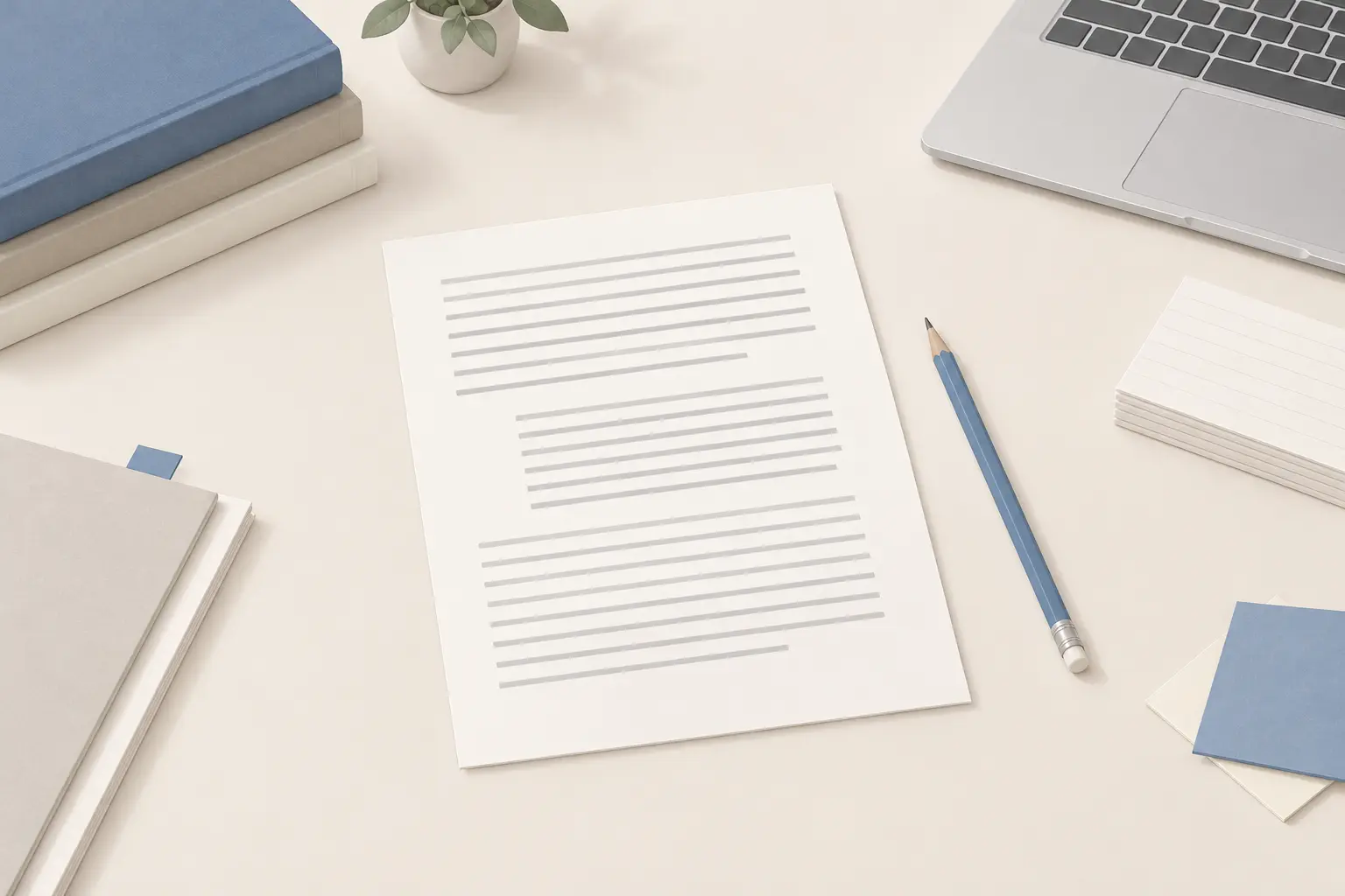 A printed page on a desk with one paragraph indented as a separate block from the left margin between full-width paragraphs