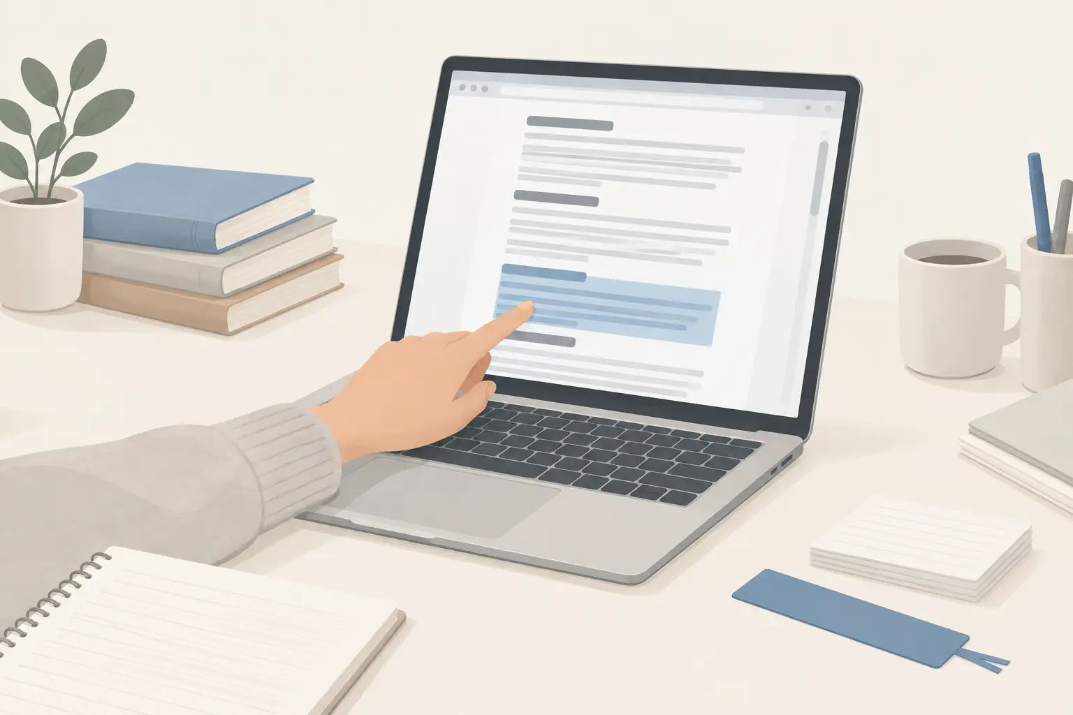 A hand pointing at one highlighted paragraph partway down a long webpage on a laptop, below several heading bars