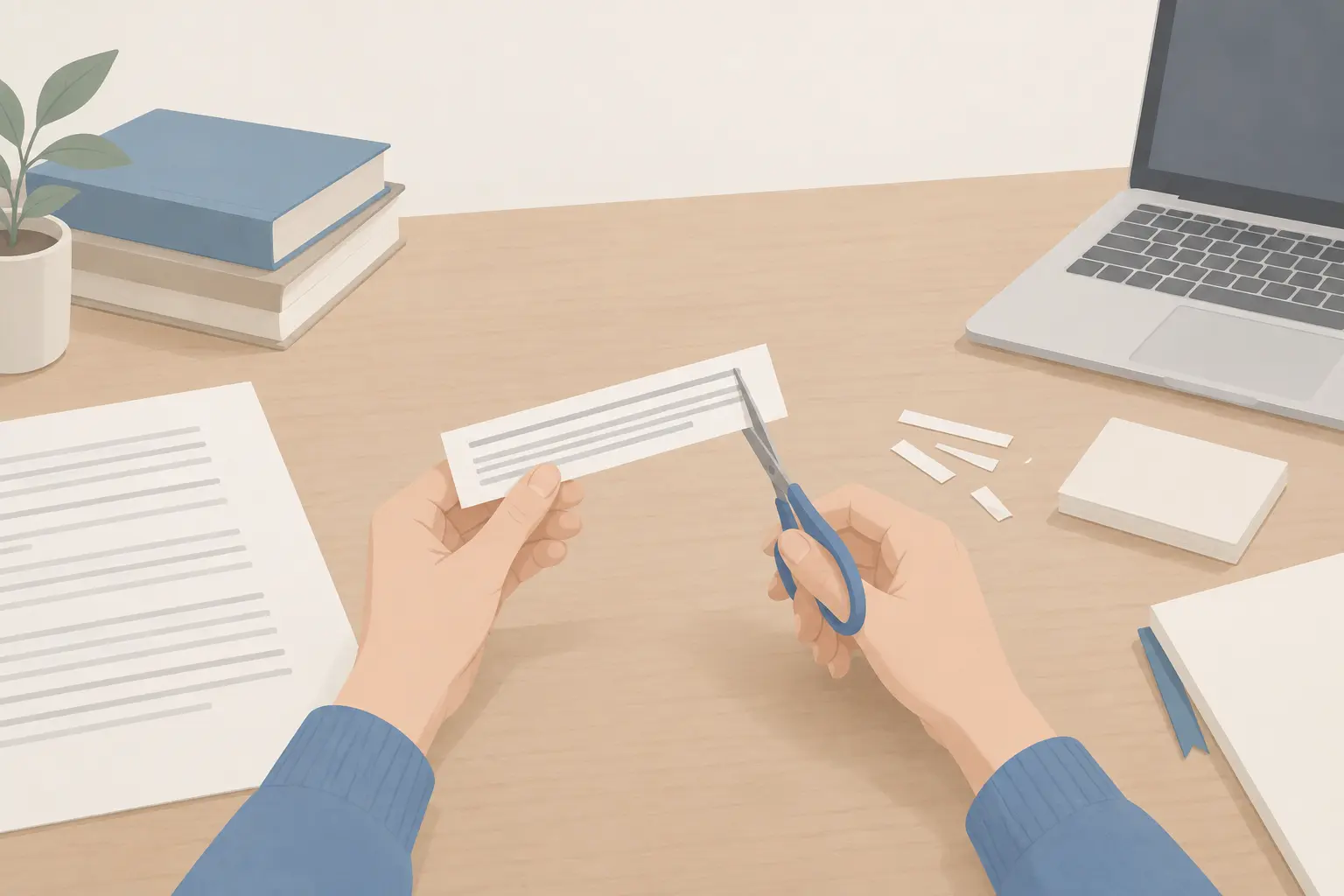 Two hands trimming a strip of paper cut from a longer printed passage with small scissors, offcuts set aside on a desk