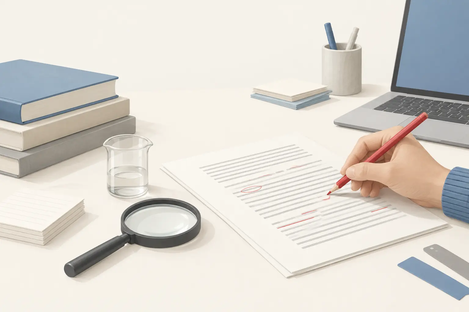 A hand circling lines on a printed page with a red pencil, a magnifying glass and a small glass beaker resting beside it