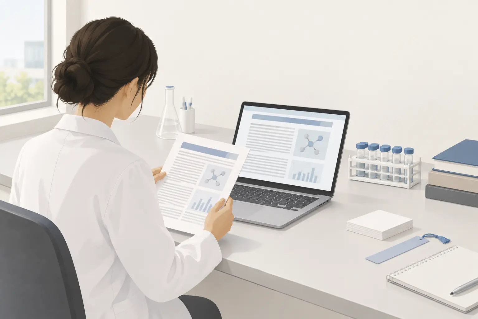 A chemistry student in a lab coat holding a printed journal article beside an open laptop, with a rack of capped vials and a flask on the bench