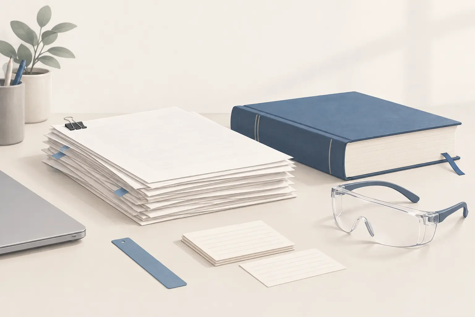 A clipped stack of manuscript drafts on a desk beside a thick blue bound journal volume and a pair of lab safety glasses