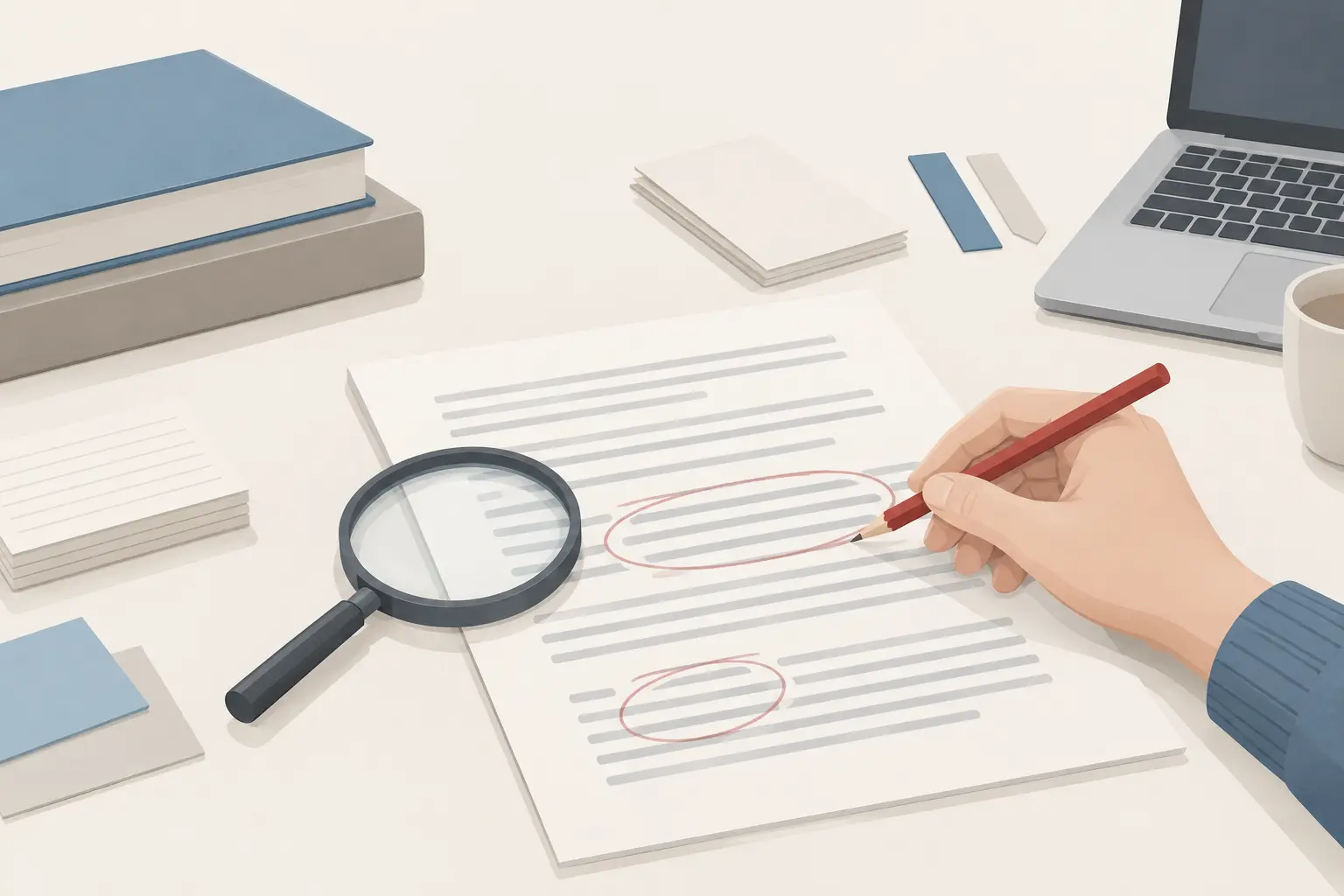 A hand circling lines on a printed page with a red pencil, a magnifying glass resting beside it