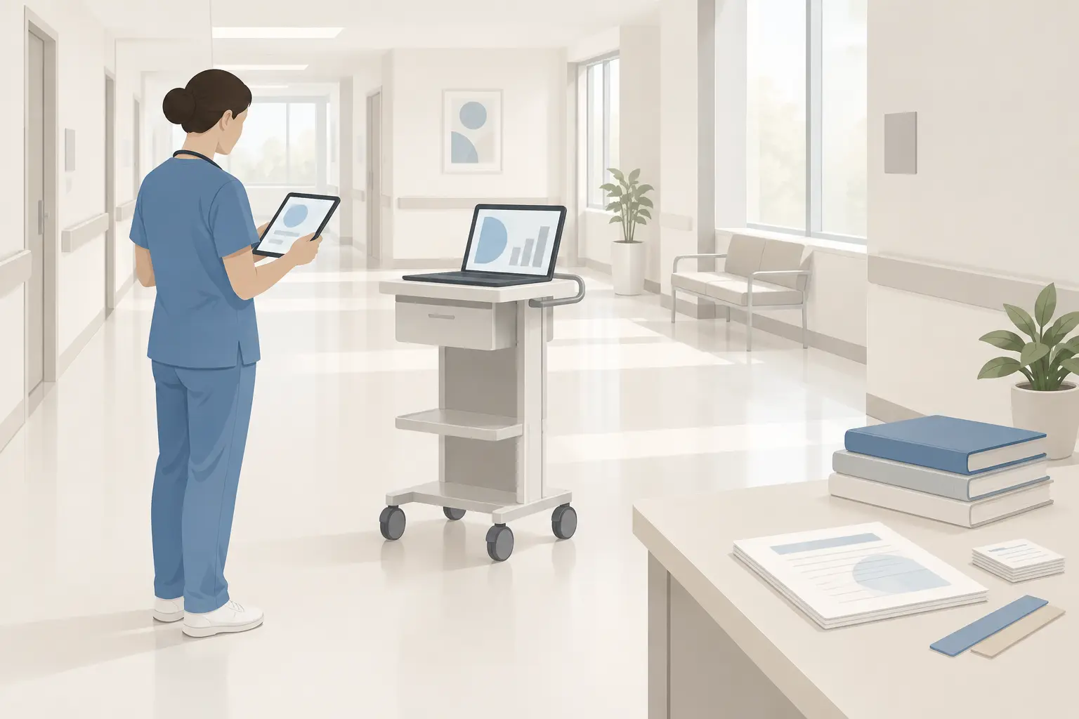 A clinician in scrubs reading a tablet in a hospital corridor next to a laptop cart