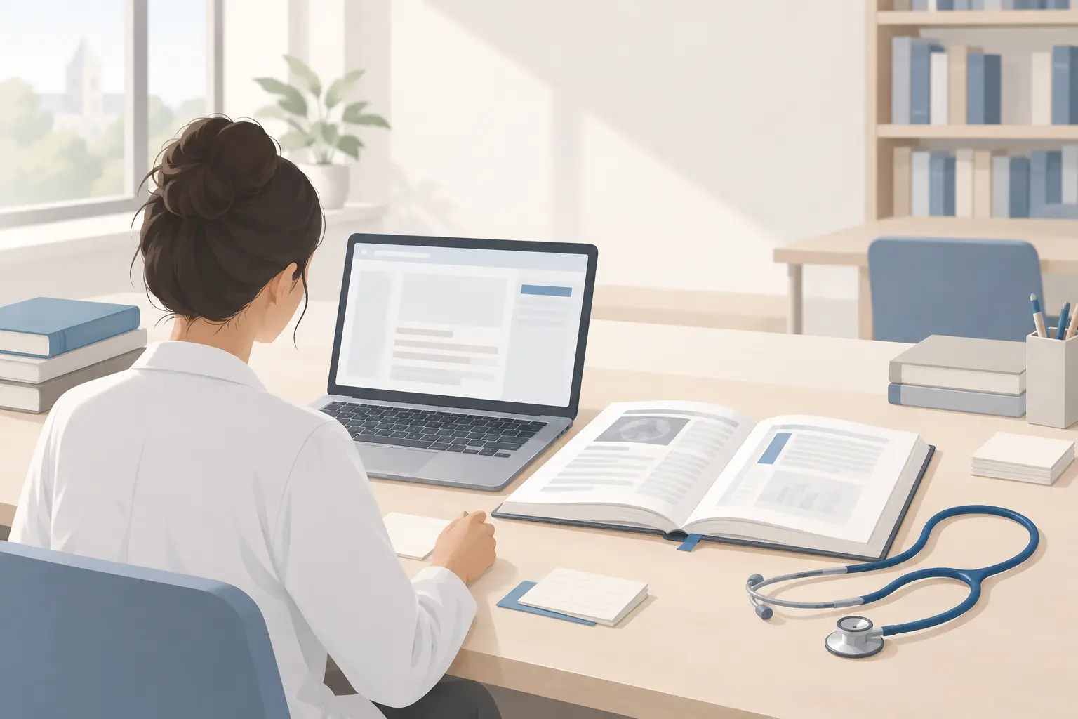 A medical student at a library desk comparing a printed journal article with the same paper open on a laptop, stethoscope beside the keyboard