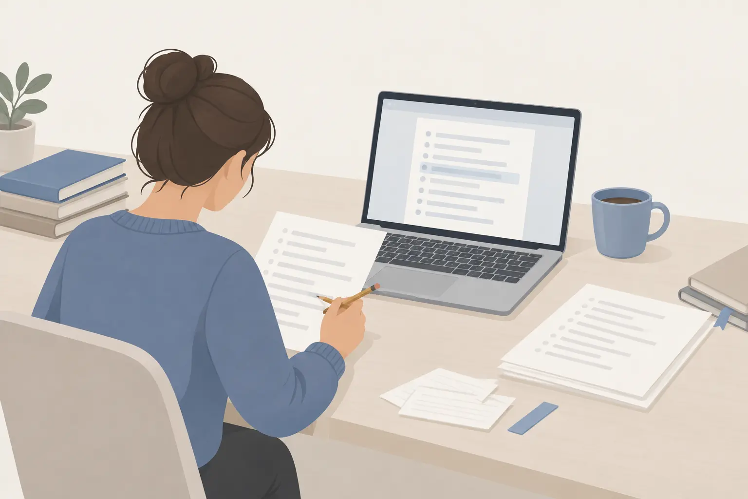 A student at a desk checking a printed reference list against the same list on a laptop screen, pencil in hand