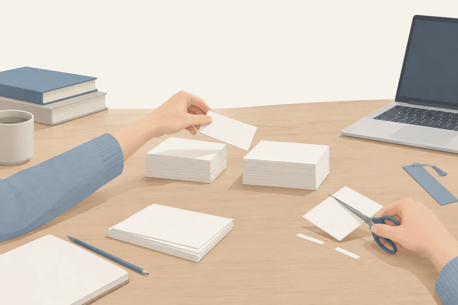 Hands moving blank index cards from one tidy stack to another, with a few cards being trimmed with scissors