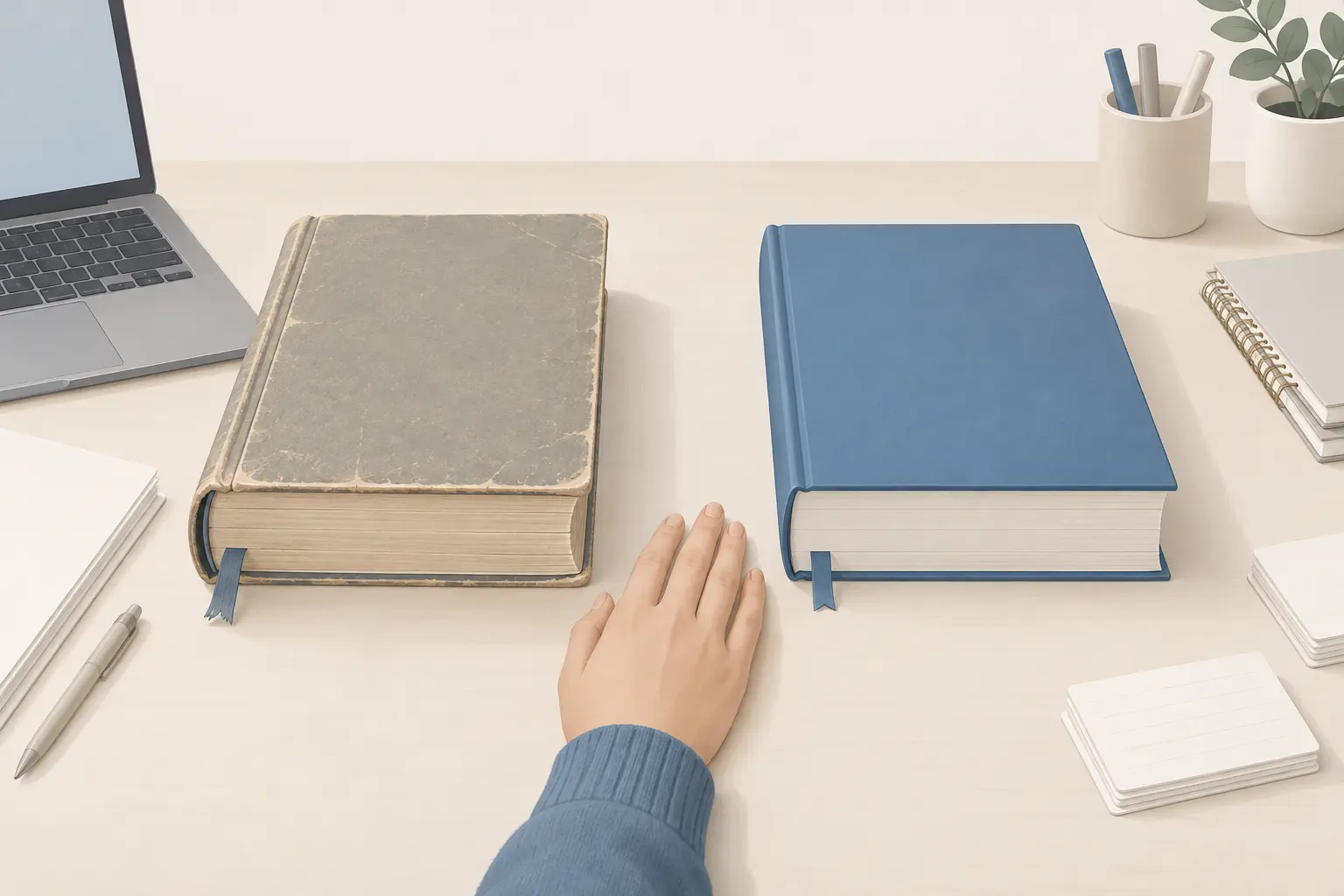 An older, worn reference manual and a newer one lying side by side on a desk, with a student's hand resting between them