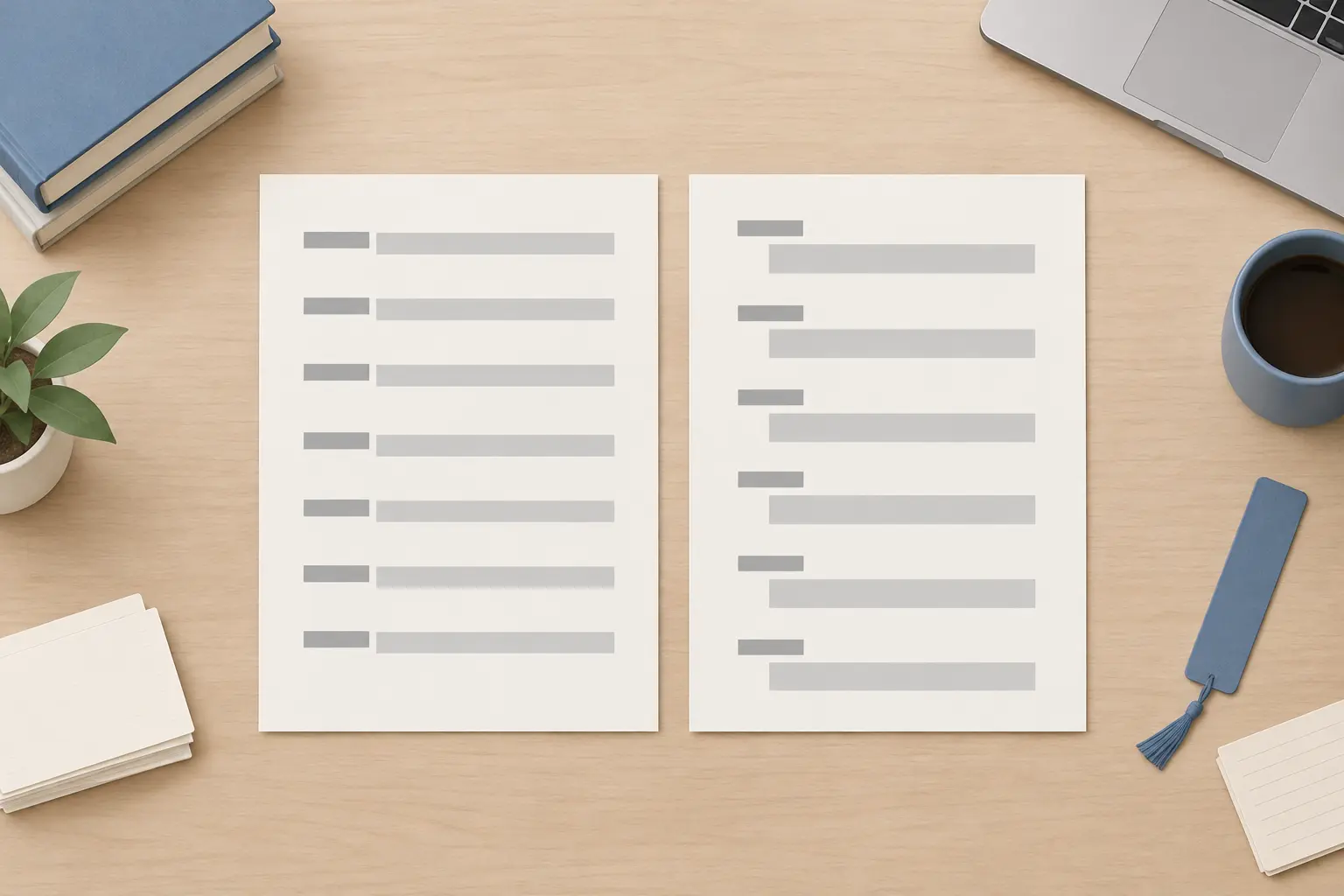 Two printed pages side by side on a desk, one with each commentary block running on from its entry and one with each commentary block indented on its own line below the entry