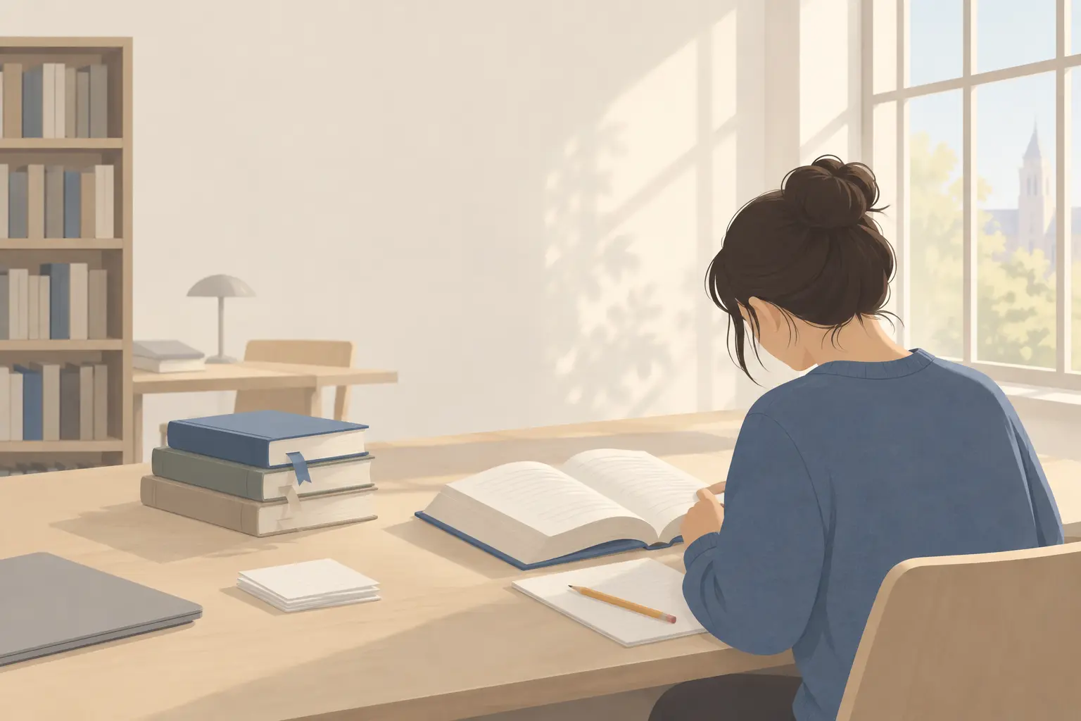 A student at a library table reading an open book with a pencil and notepad beside it and a short stack of bookmarked books