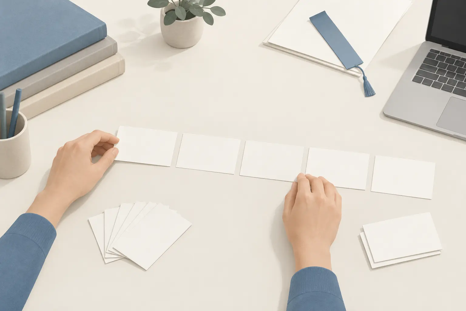 Hands arranging a row of blank index cards into order on a desk, with a fanned stack and a pair of cards set aside