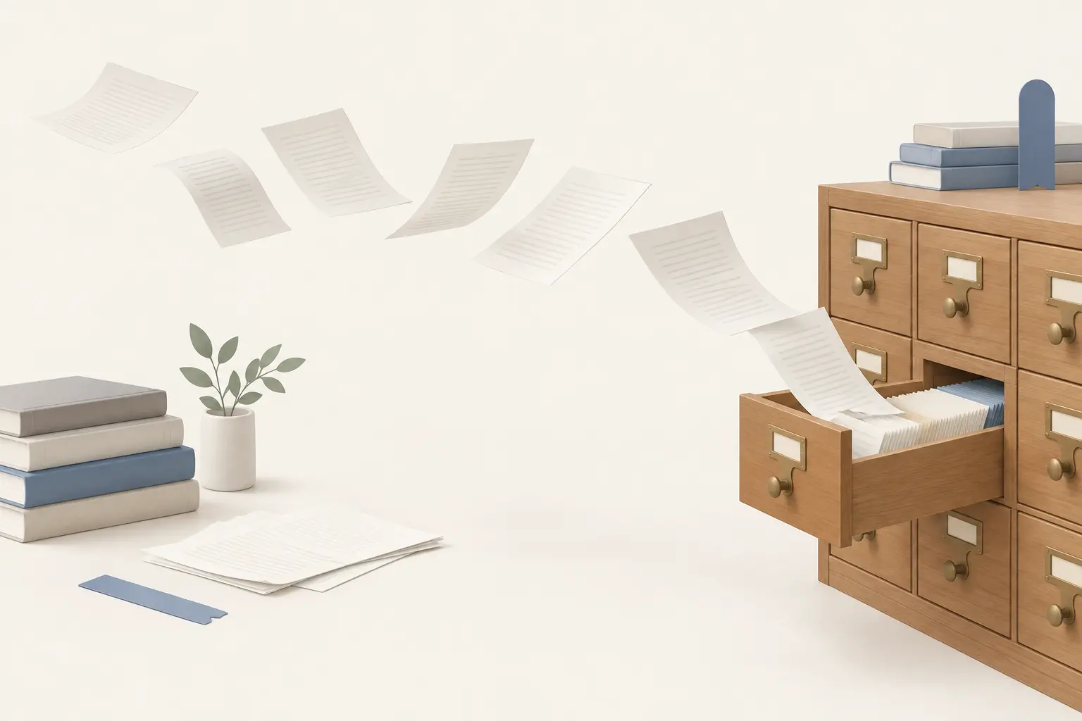 Loose printed pages arcing through the air into the open drawer of a wooden library card catalogue