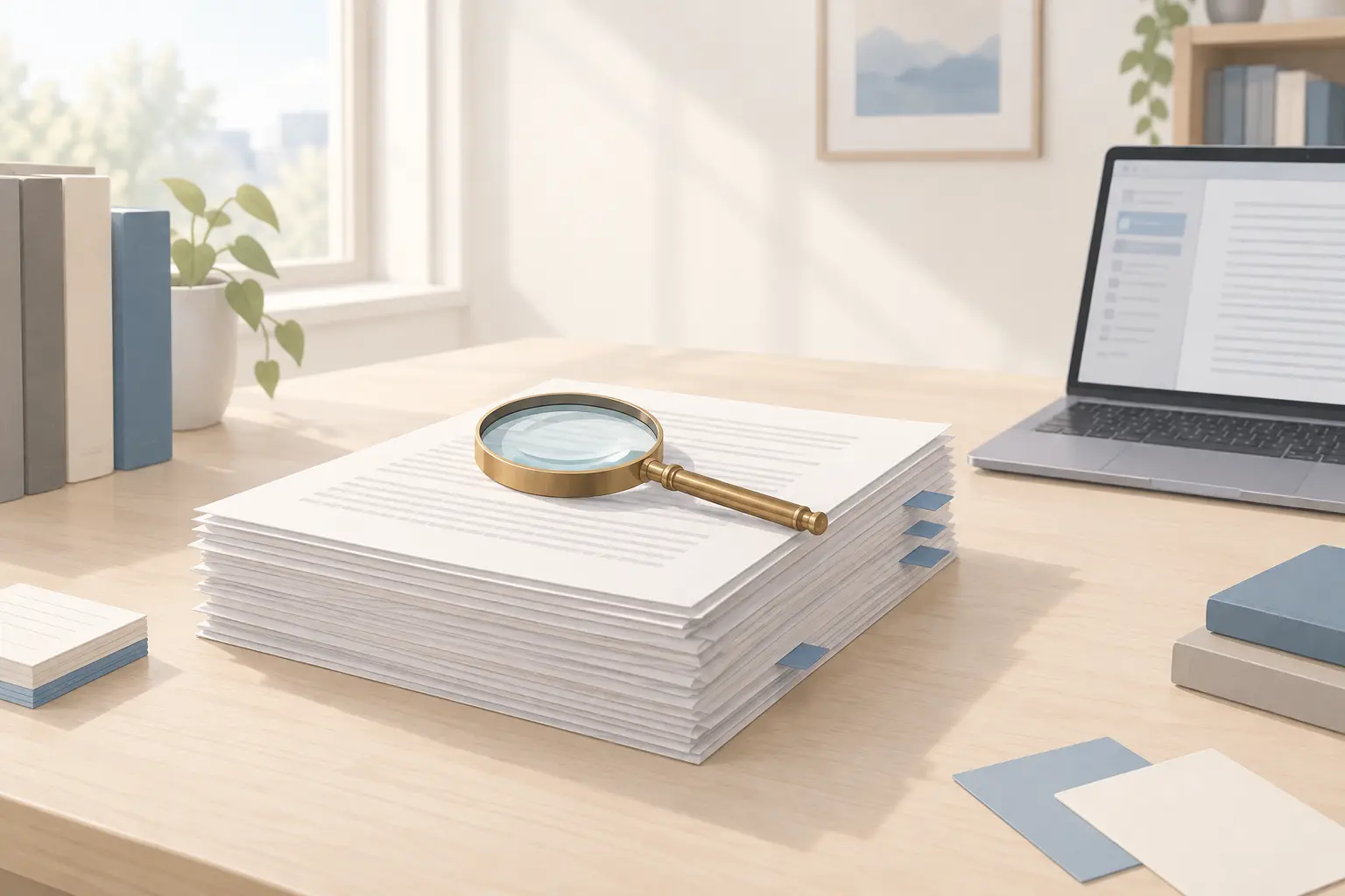 A brass magnifying glass resting on a thick stack of printed research papers on a sunlit wooden desk