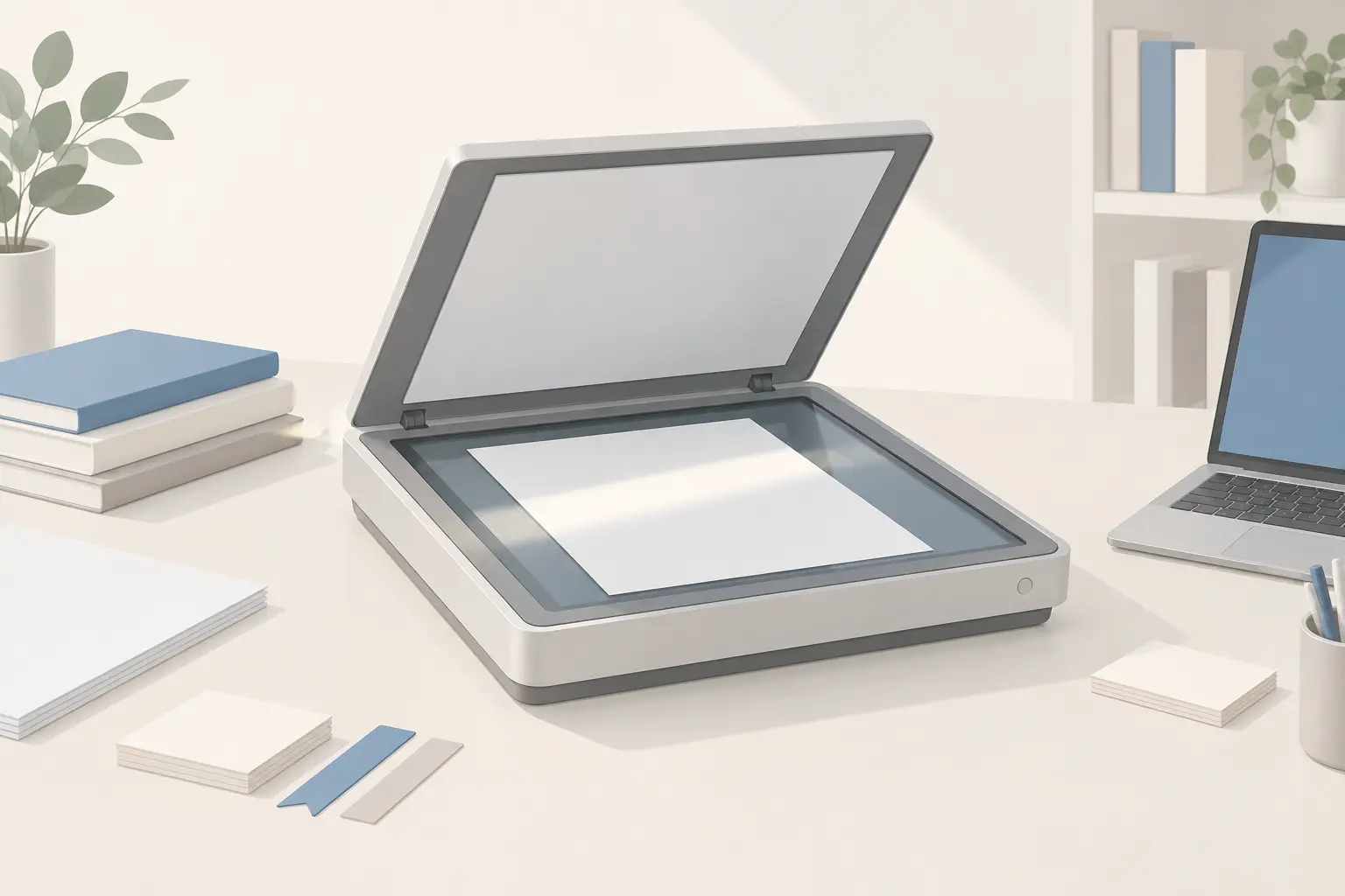 An open flatbed scanner with its lid raised and a single blank page lying on the lit glass